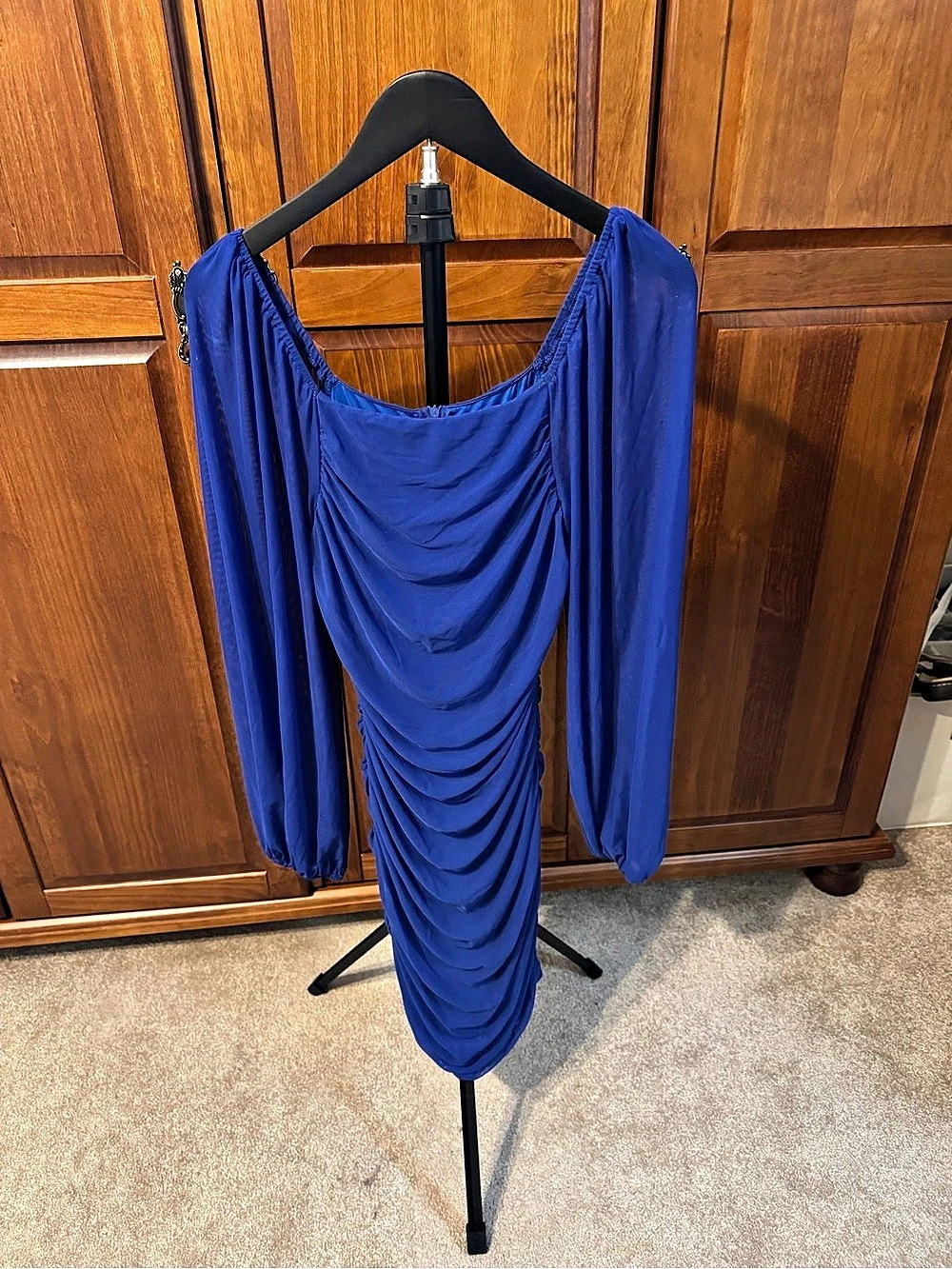 MEROKEETY Long Sleeve Mesh Ruched Bodycon Mini Dress Midi Dress Blue Medium
